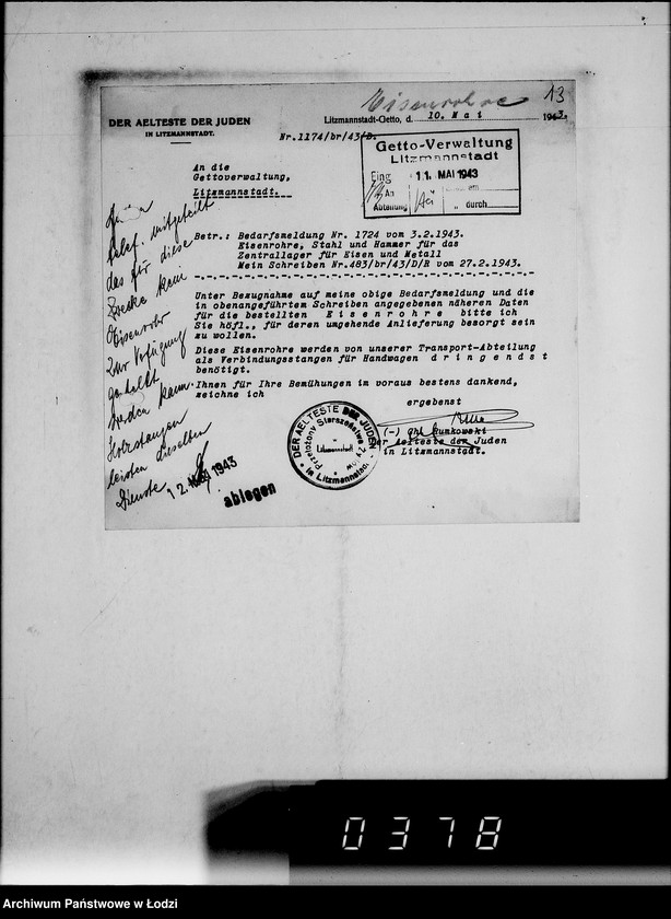 Obraz 17 z jednostki "[Korespondencja Przełożonego Starszeństwa Żydów w Getcie w sprawach przydziału maszyn i urządzeń oraz półfabrykatów do produkcji]"