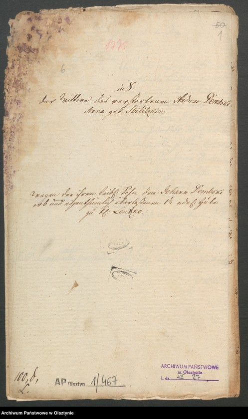 image.from.unit.number "In S. [Sachen] der Wittwe des verstorbenen Andreas Dembski Anna geb. [geborene] Sbilitzkin/ Zbilitzkin wegen der ihrem leibl. [leibliche] Sohn dem Johann Dembski erb und eigenthümlich überlassenen 1 1/2 adel. [adeliche] Hube zu Kl. [Klein] Lentzko [Mały Łęck]"
