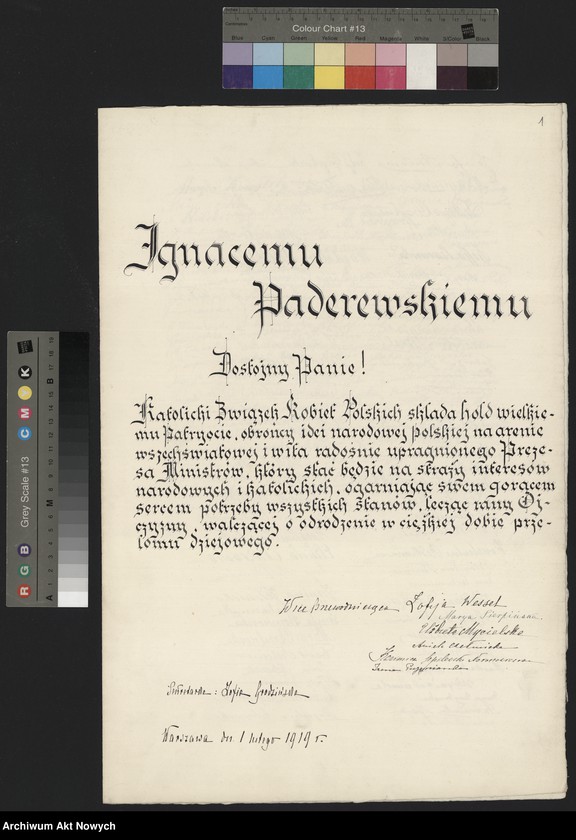 image.from.unit.number "Ignacemu Paderewskiemu… Katolicki Związek Kobiet Polskich. Adres hołdowniczy"