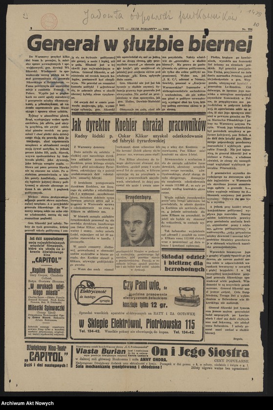 image.from.unit.number "Sikorski Władysław; Załączniki: a) "P=S" z dopiskiem W. Sikorskiego; b) "Ilustrowany Kurier Codzienny", 20 IX 1933, (karta tytuł.); c) "Kurier Warszawski" 15 I 1933 i 21 X 1933 (4 karty); d) "Gazeta Warszawska" 22 IX 1933 r. (karta tytuł.); e) "Myśl i Czyn", nr 1 z dn. 145 x 1933 r.; f) wycinki prasowe; L.17 (odpowiedź - rękopis)"