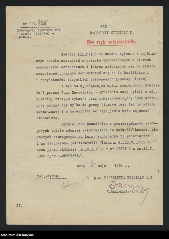image.from.unit.number "Ewidencja szeregowych Policji Państwowej, zatrudnionych w pracy biurowej w Wydziale I Komendy Głównej Policji Państwowej. Wykazy."