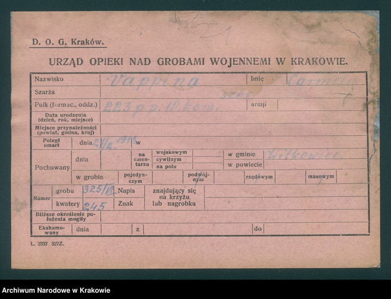 Obraz 13 z jednostki "Karty ewidencyjne zmarłych Włochów na terenie powiatów Zabrek, Cernovir, Witkowitz (Czechy)."