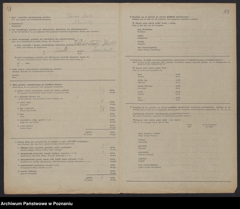 Obraz 16 z jednostki "[Kwestionariusze dotyczące stwierdzenia gruntów znajdujących się po polskiej stronie pogranicza a zarządzanych przez zamieszkałych po stronie niemieckiej] powiat leszczyński"