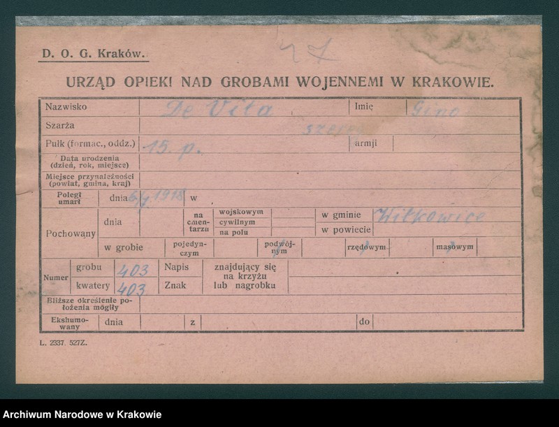 Obraz 11 z jednostki "Karty ewidencyjne zmarłych Włochów na terenie powiatów Zabrek, Cernovir, Witkowitz (Czechy)."