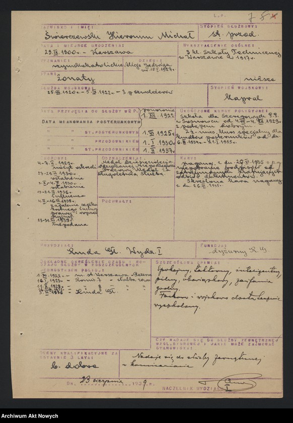 image.from.unit.number "Ewidencja szeregowych Policji Państwowej, zatrudnionych w pracy biurowej w Wydziale I Komendy Głównej Policji Państwowej. Wykazy."