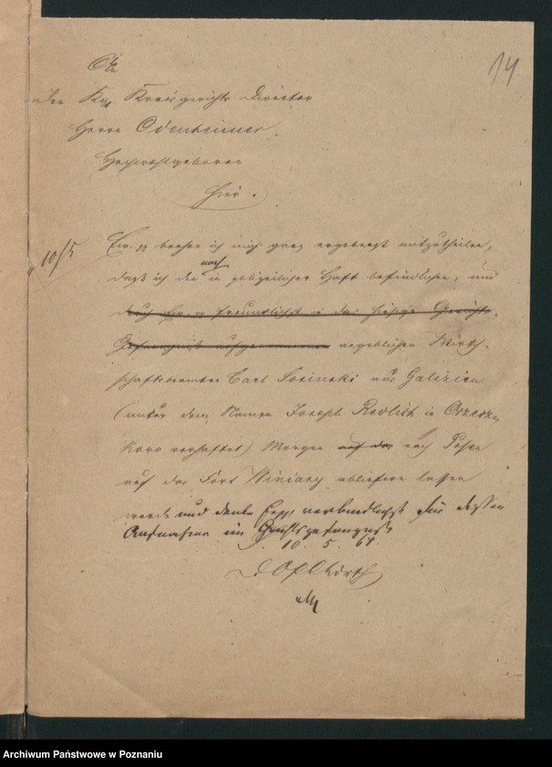 Obraz 17 z jednostki "Acta betreffend den in Orzeszkowo Kreis Schroda /Środa/ am 23.April 1864 verhafteten, angeblichen Holzkaufmann Josef Redlich aus Raszkowo, Kreis Adelnau /Odolanów/."