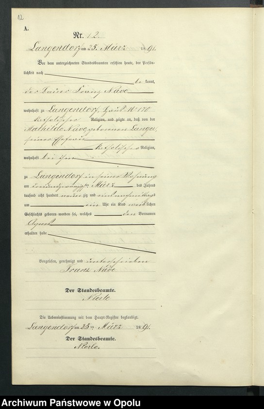 Obraz 16 z jednostki "Geburts-Neben-Register des Standesamts Langendorf pro 1891"