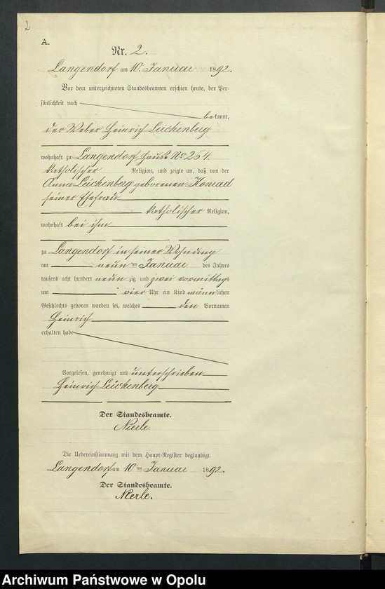 Obraz 6 z jednostki "Geburts-Neben-Register des Standesamts Langendorf pro 1892"