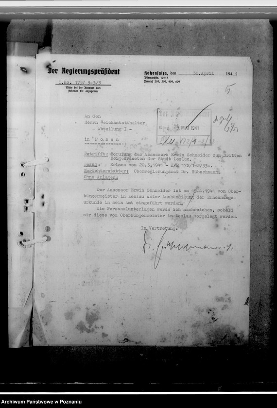 image.from.unit.number "Berufung des Assessors Schneider in Hohensalza - Inowrocław, zum 3. Beigeordneten- Stadtrechtsrat"