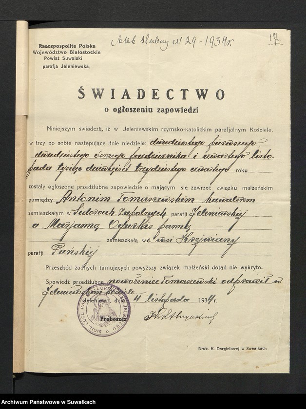 Obraz 19 z jednostki "Dokumenty przedstawione do aktów ślubnych w parafji rzymsko-katolickiej Puńsk w roku 1934"