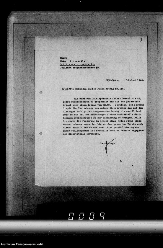 Obraz 7 z jednostki "J[uden] 436-450 [Wnioski Żydów z Getta o zwrot należności za pracę lub towar wzięty na kredyt]"