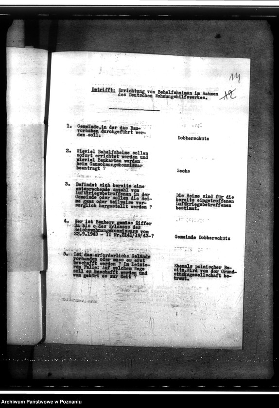 Obraz 20 z jednostki "Bau von Behelfsheimen in Dobberschütz (Dobrzyca). Baracken"