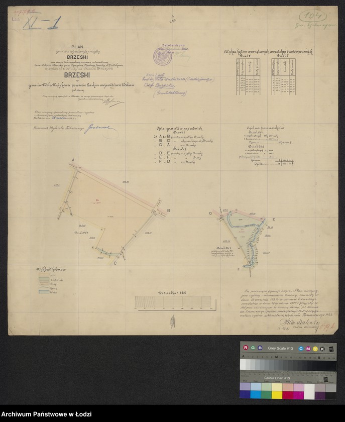 Obraz 1 z jednostki "Plan gruntów wydzielonych z majątku Brzeski na mocy dobrowolnej umowy zatwierdzonej dnia 30 lipca 1926 roku przez Okręgową Komisję Ziemską w Piotrkowie w zamian za serwituty na własność 23 osady wsi Brzeski w gminie Wola Wężykowa powiecie łaskim"
