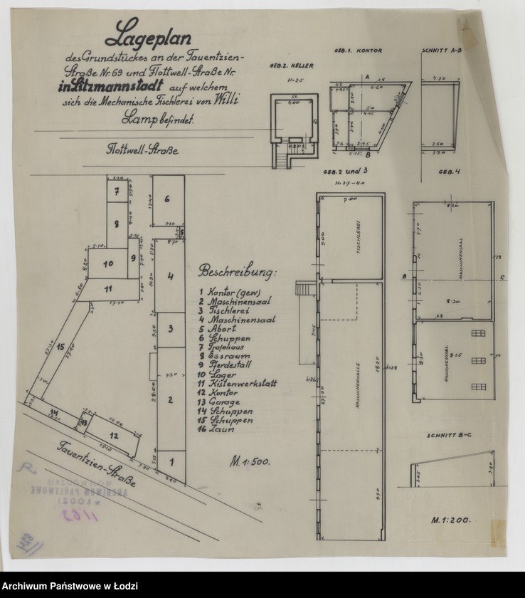 Obraz 1 z jednostki "Lageplan des Grundstückes an der Tauentzien Straße Nr 69 und Flottwell Strasse in Litzmannstadt auf welchern sich die Mechanische Tischlerei von Willi Zomp befindet"