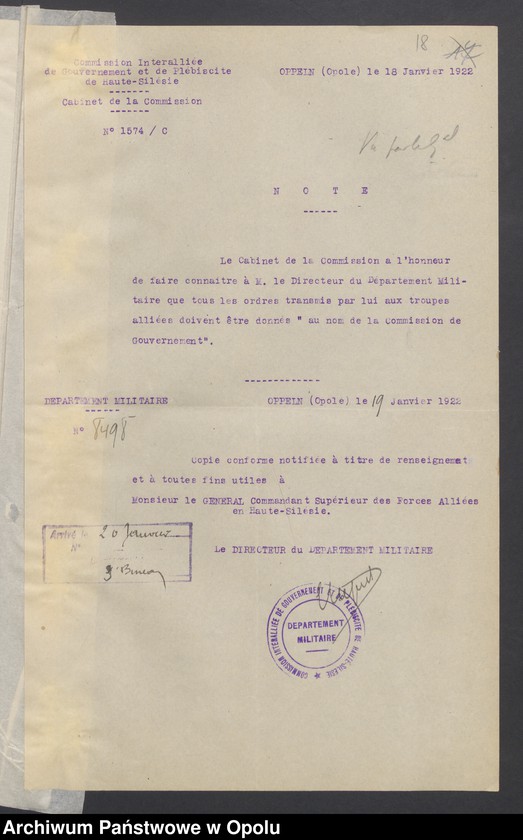 Obraz 20 z jednostki "Entress-Pieces emanant des autorites subordonnees/ /Korespondencja wpływająca pochodząca od władz wyższych i podległych - pisma, zarządzenia, instrukcje / 1.02-8.07.1922"