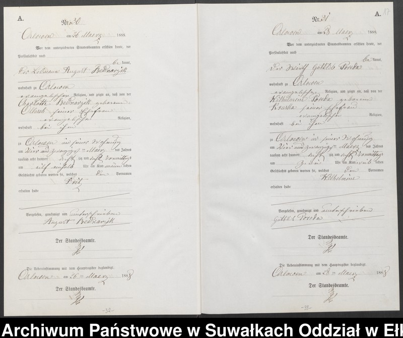 image.from.unit.number "Geburts-Neben-Register des Preussischen Standes-Amtes Orlowen Kreis Loetzen für das Jahr 1888"