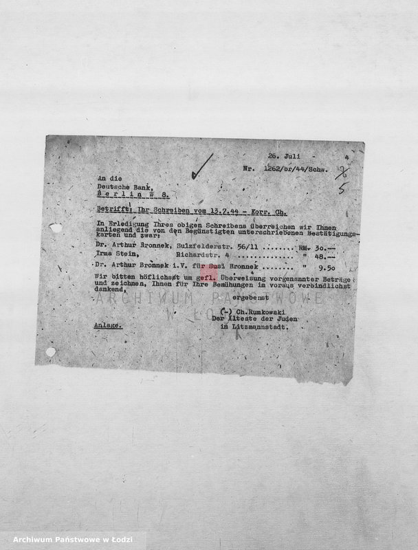 Obraz 8 z jednostki "Banken [Korespondencja PSŻ z GV i bankami niemieckimi w sprawie przekazów pieniężnych dla ludności getta]"