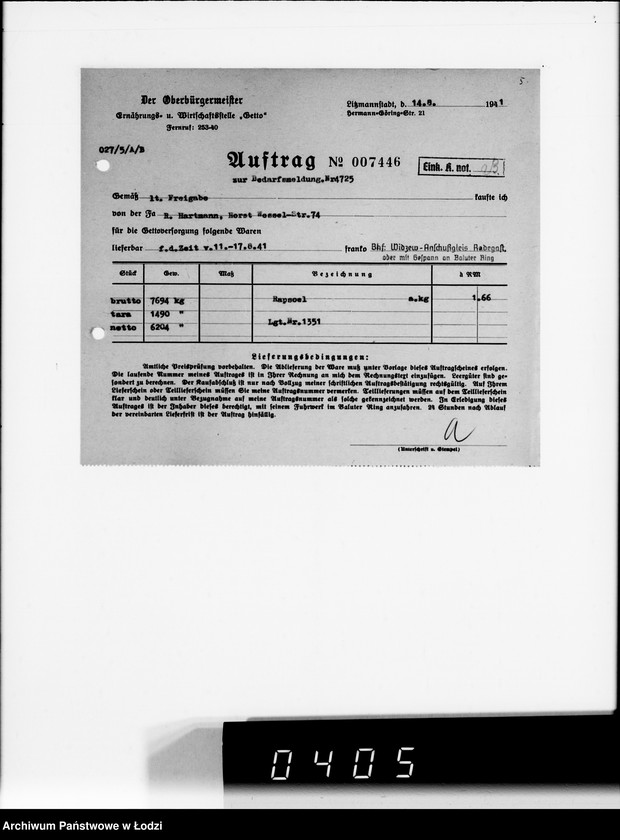 Obraz 9 z jednostki "[Upoważnienia do odbioru produktów żywnościowych i innych materiałów dostarczanych dla Getta] Auftragskopien"