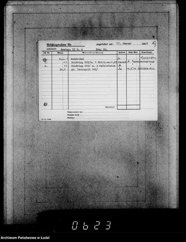 Obraz 9 z jednostki "Gestapo 200-400 [Kartoteka skonfiskowanego majątku ruchomego u Żydów]"