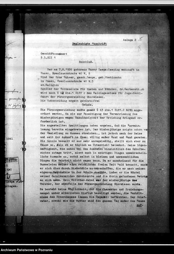 Obraz 12 z jednostki "Überführung des geistig zurückgeblie benen Harry Leepa in eine Heilanstalt im Altreich"