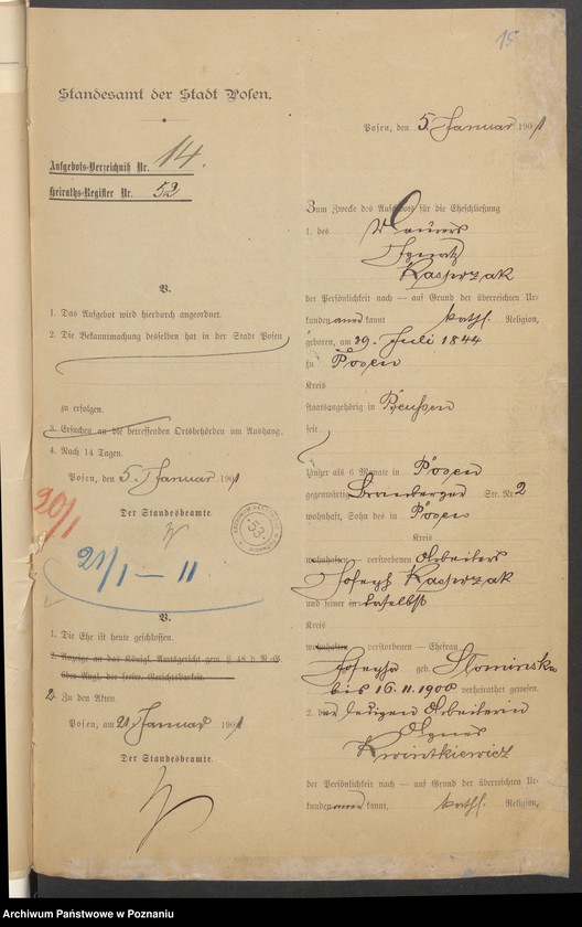 Obraz 17 z jednostki "Die von den Verlobten beigebrachten Urkunden zur Eheschliessung pro 1901. Vol II"