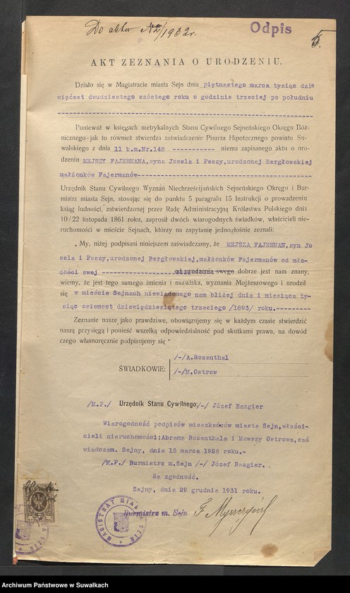 image.from.unit.number "Dowody do aktów ślubu Suwalskiego Okręgu Bożniczego 1932 rok"