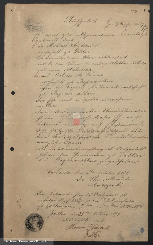 image.from.unit.number "Acta betreffend die Sammel Akten für die von den verlobten beizubringenden Urkunden und Konsenserklärungen, für die Aufgebotscheinigungen und Dispensation [...] von 1874 bis 1876"