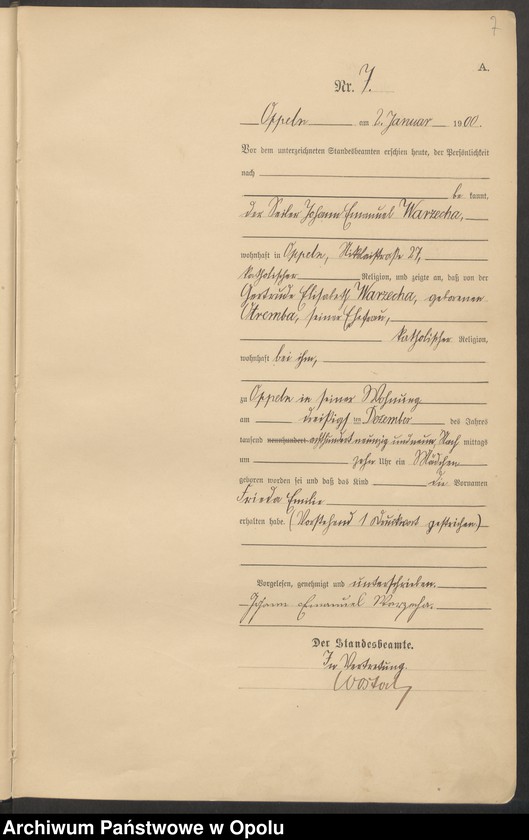 Obraz 11 z jednostki "Urząd Stanu Cywilnego w Opolu 1900 Rejestr Urodzeń Księga Miejscowa Nr 1 do 674"