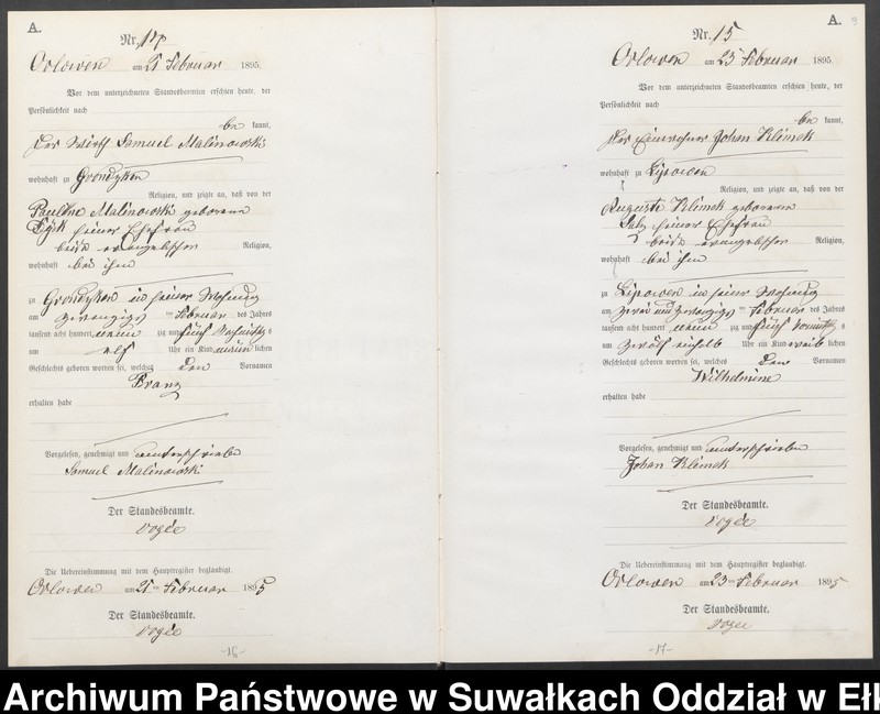 image.from.unit.number "Geburts-Neben-Register des Preussischen Standes-Amtes Orlowen Kreis Loetzen für das Jahr 1895"