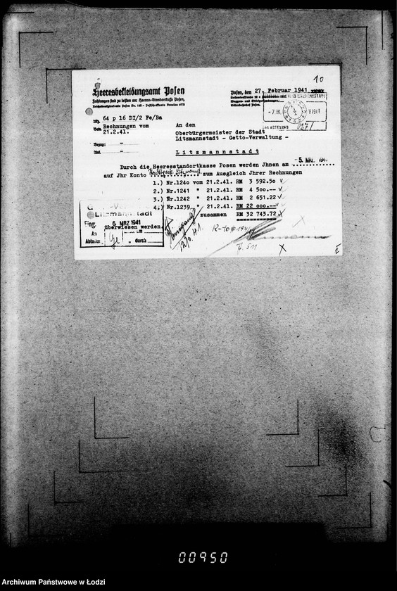Obraz 14 z jednostki "[Rachunki Heeresbekleidungsamt Posen dla Zarządu Getta]"