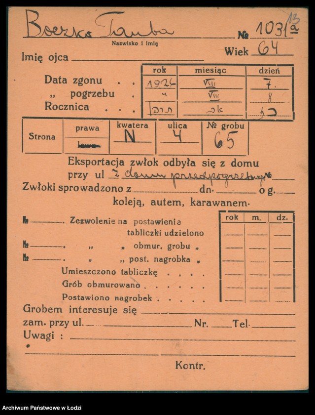 Obraz 15 z jednostki "Kartoteka osób pochowanych na cmentarzu żydowskim przy ulicy Brackiej w latach 1892-1956. Nazwiska na litery: Bock-Bö"