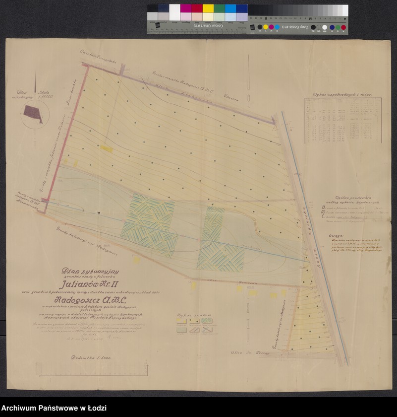 Obraz 1 z jednostki "Plan sytuacyjny gruntów osady w folwarku Julianów Nr II oraz gruntów byłej pokarczemnej osady i działka ziemi wchodzącej w skład dóbr Radogoszcz ABC w województwie i powiecie łódzkim gminie Radogoszcz położonych na mocy zapisu w dziale II odnośnych wykazów hipotecznych stanowiących własność Mikołaja Kopczyńskiego"
