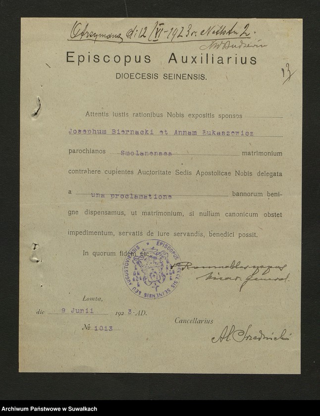 image.from.unit.number "Dokumenty Zaślubionych Smolańskiej parafii z 1922-1923 r."