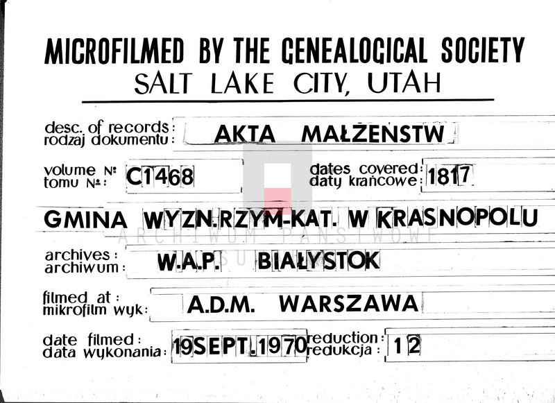 image.from.unit.number "Akta Cywilne Małżeństwa Gminy Krasnopolskiey Powiatu Seyneńskiego Województwa augstowskiego Roku 1817."