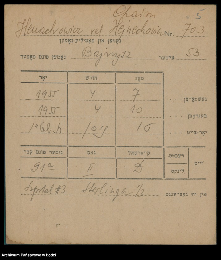 Obraz 6 z jednostki "Kartoteka osób pochowanych na cmentarzu żydowskim przy ulicy Brackiej w latach 1892-1955. Nazwiska na litery: Helmi-Hey"