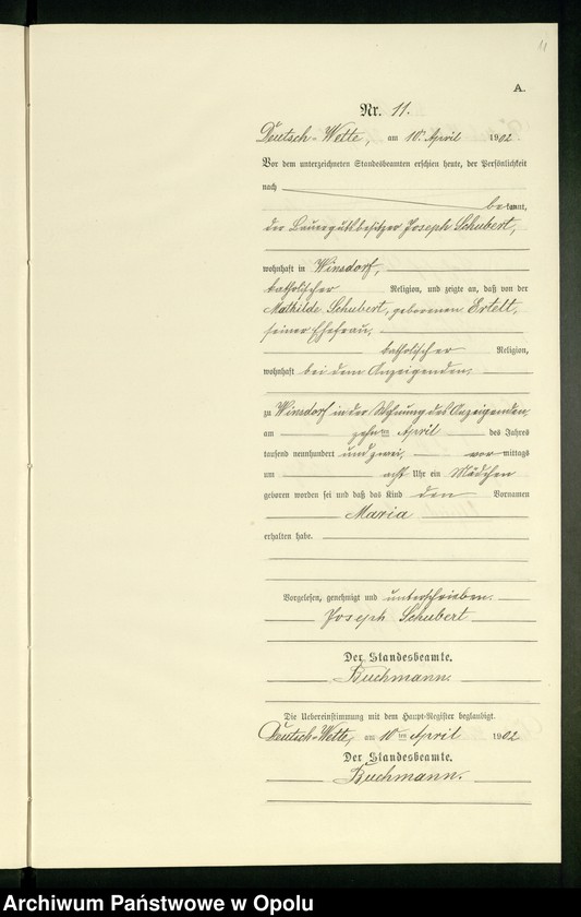 Obraz 15 z jednostki "Geburts-Neben-Register des Standesamts Deutsch Wette pro 1902"