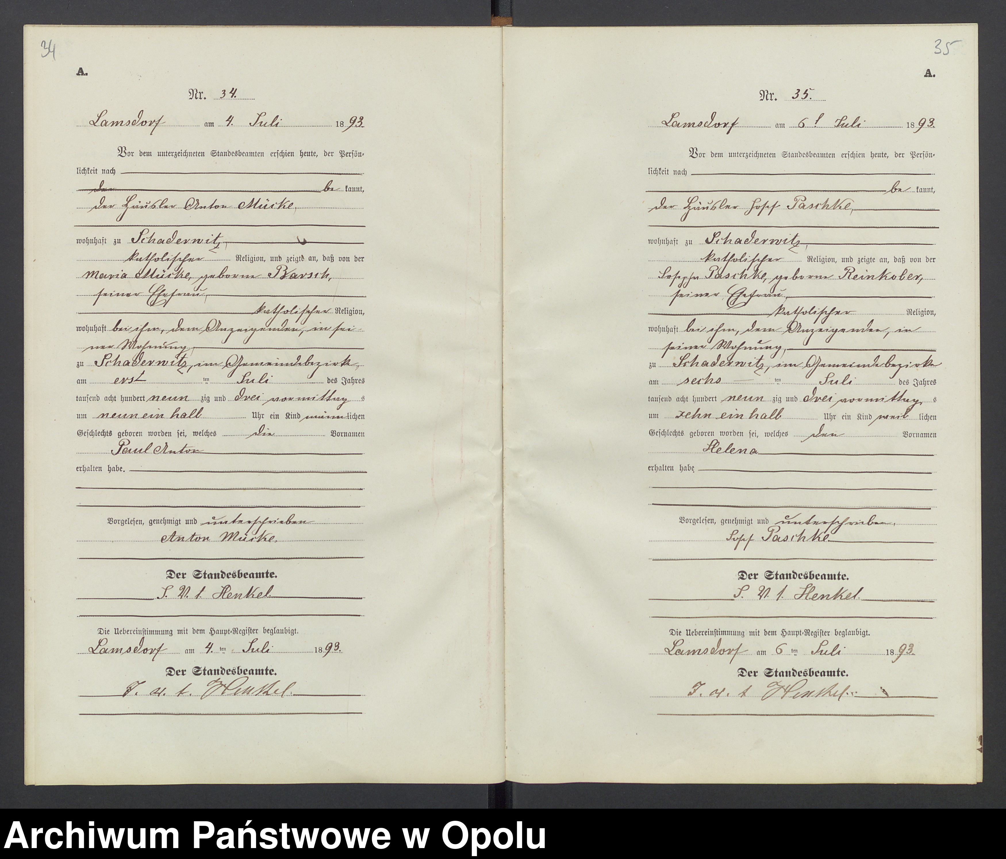 Skan z jednostki: Geburts-Neben-Register des Standesamts Lamsdorf pro 1893