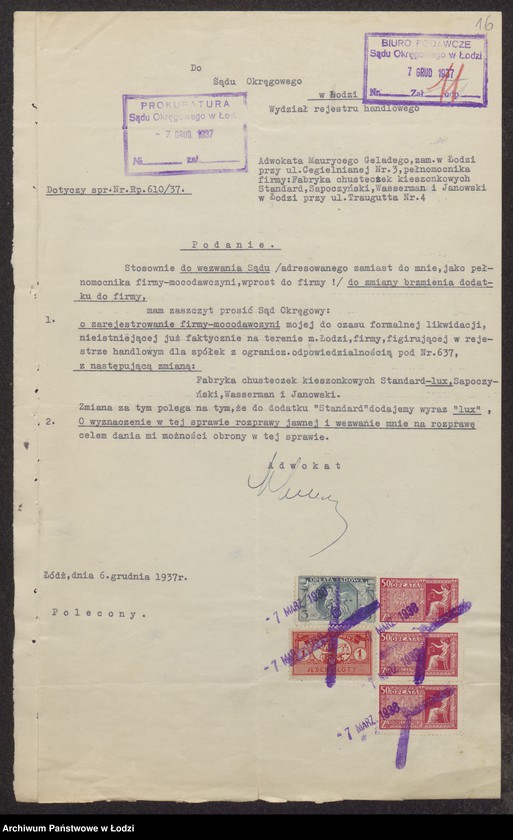 Obraz 18 z jednostki "Fabryka Chusteczek Kieszonkowych Standard-lux- Borys Sapoczyński, Owszyja Wasserman, Izrael Janowski"