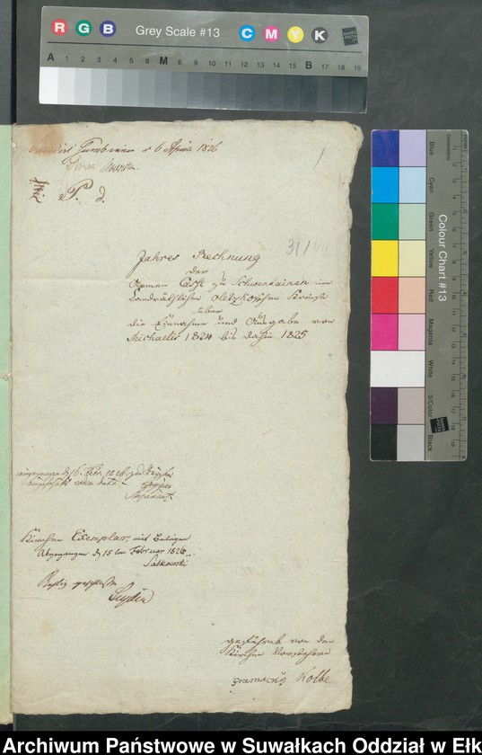 image.from.unit.number "Jahres Rechnung der Armen Casse zu Schwentainen Landrathlichen Oletzkoschen Kreise über die Einnahme und Ausgabe von Michaelis 1824 bis dahin 1825"