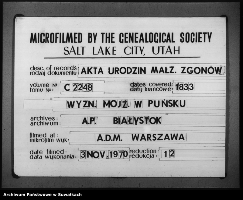 image.from.unit.number "Duplikat Aktów Urodzonych, Umarłych i Zaślubionych Okręgu Parafij Puńskiej Wyznania Mojżeszowego 1833 rok."