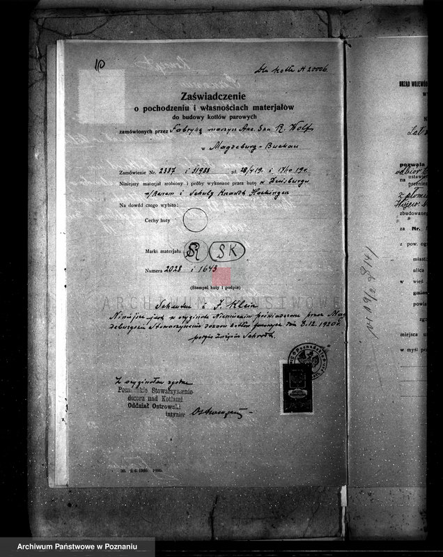 Obraz 15 z jednostki "Majętność Góra pow. jarociński, własność Fischer von Mollard nr fabr. kotła 20006 nr woj. kotła 92"