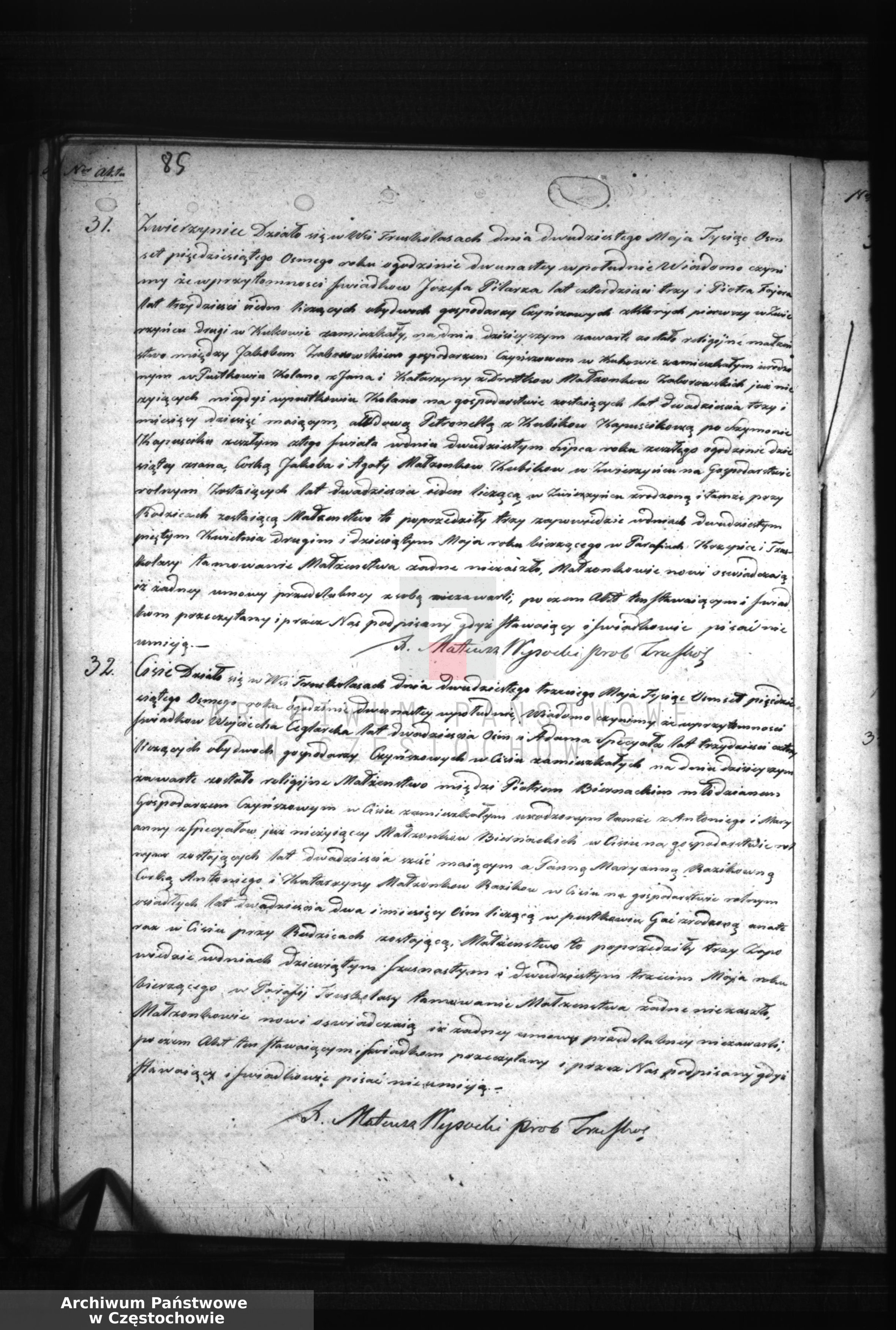 Skan z jednostki: Duplikaty akt urodzeń, małżeństw i zejścia Parafii Truskolasy z roku 1858