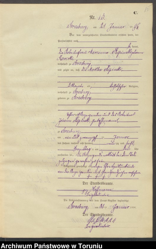 image.from.unit.number "Sterbe-Neben-Register Strasburg , Stadt für das Jahr 1896"