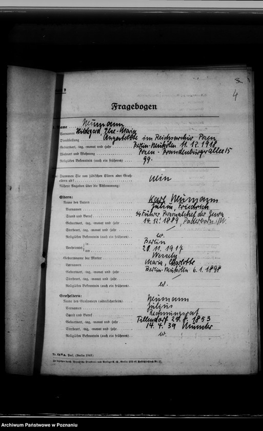 Obraz 8 z jednostki "Personalakten der Angestellten im Reichsarchiv - Posen, Hildegard Neumann"