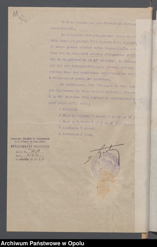 Obraz 13 z jednostki "Recrutement-Effectifs-Renforts-Situations /Korespondencja dotycząca uzupełnień, demobilizacja, wzmocnienie stanów liczebnych oddziałów/ 3.09.1920"