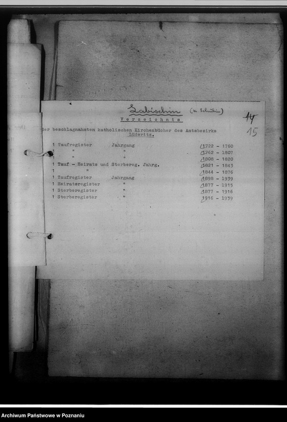 Obraz 19 z jednostki "[Wykaz ksiąg urodzeń, małżeństw i zgonów przejętych z parafii katolickich z powiatu szubińskiego]"