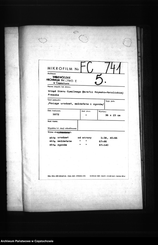 image.from.unit.number "Księga urodzeń, małżeństw i zgonów parafii Rzymskokatolickiej w Praszce z roku 1872"