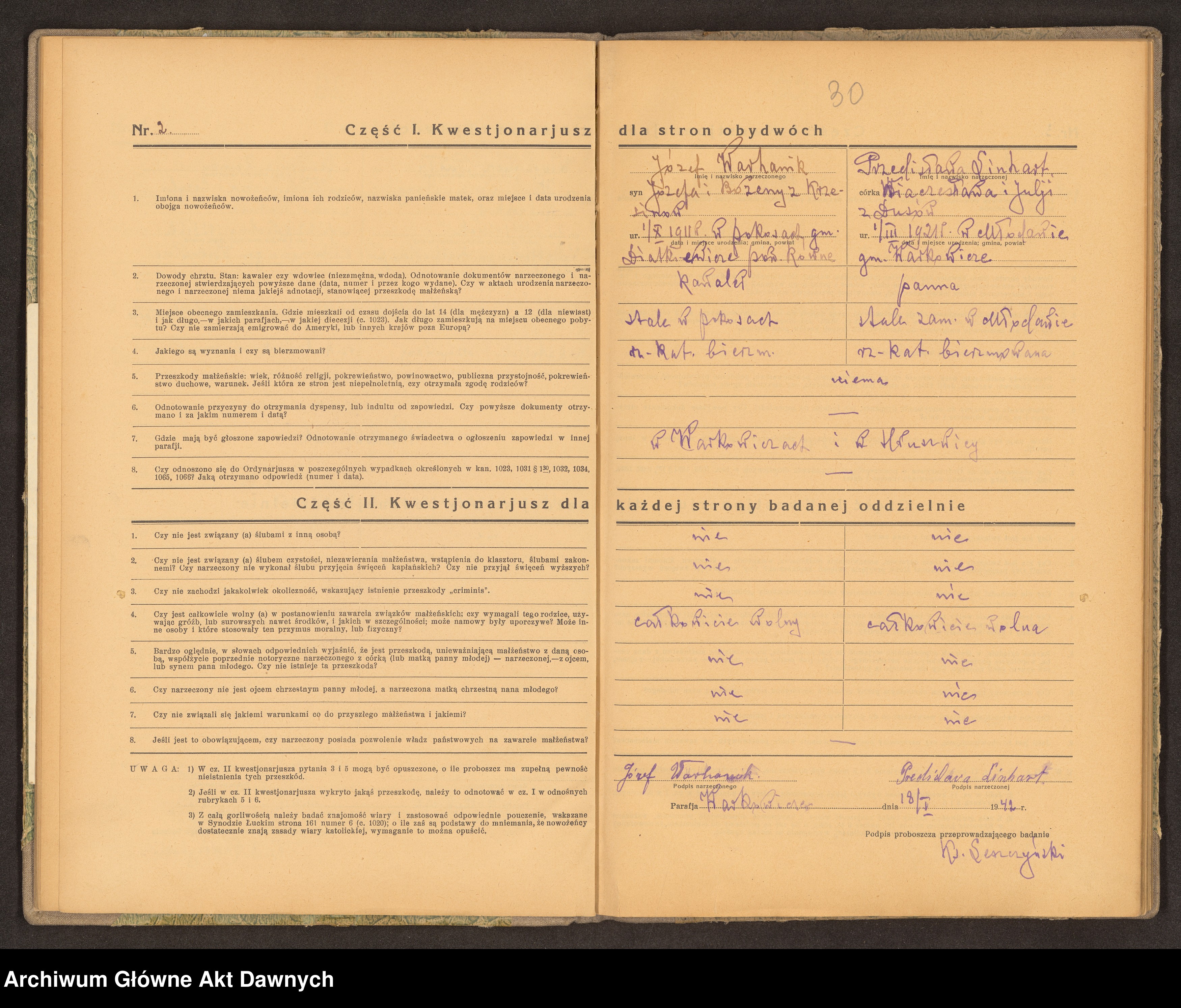 Skan z jednostki: Parafia: Warkowicze. Dekanat: Dubno. Księga egzaminów przedślubnych złożonych w parafii.