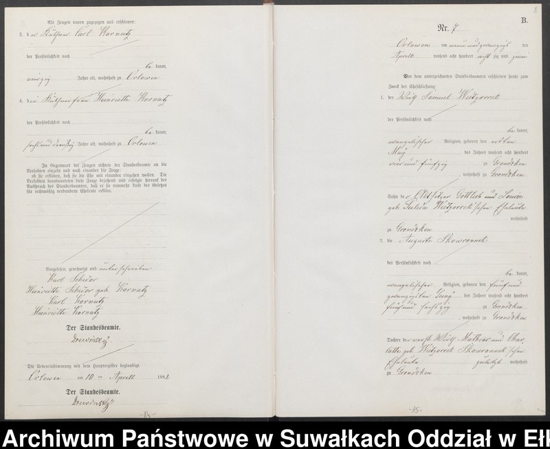 Obraz 11 z jednostki "Heiraths-Neben-Register des Preussischen Standes-Amtes [Orlowen] Kreis [Loetzen] für das Jahr 1882"