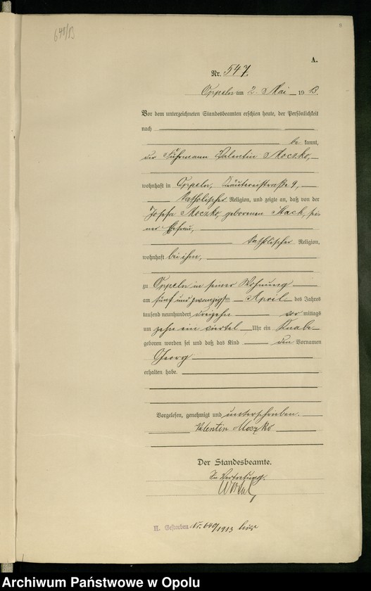 Obraz 13 z jednostki "Urząd Stanu Cywilnego Opole Księga Urodzeń Rok 1913 540-1057"